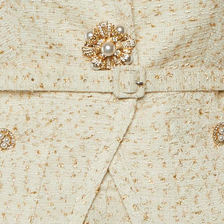 Pre Owned Self-Portrait Cream Metallic Boucle Mini Jacket Dress M