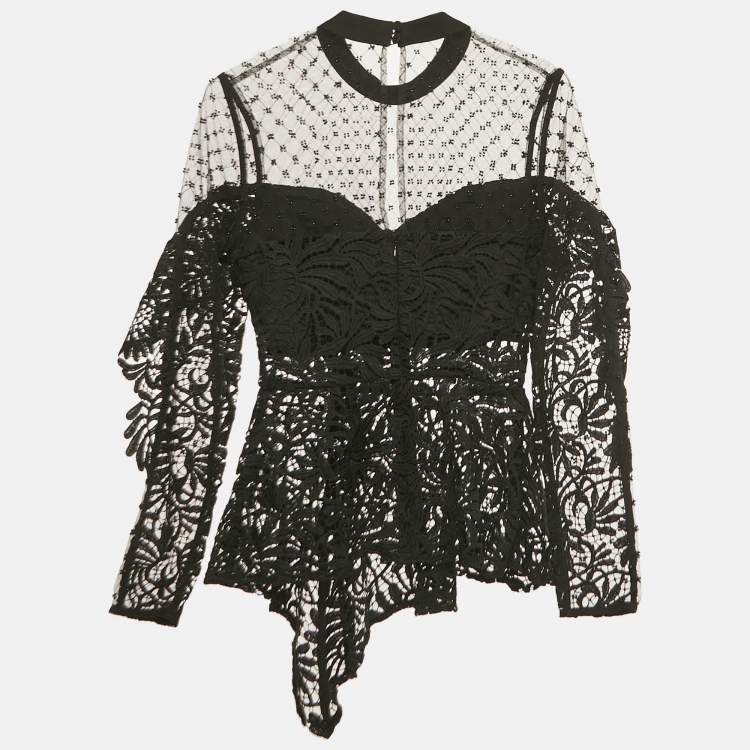 Pre Owned Self-Portrait Black Beaded Tulle and Lace Top XS