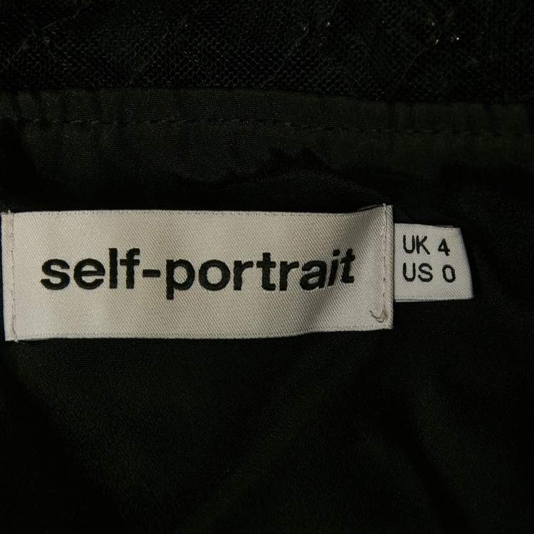 Pre Owned Self-Portrait Black Beaded Tulle and Lace Top XS