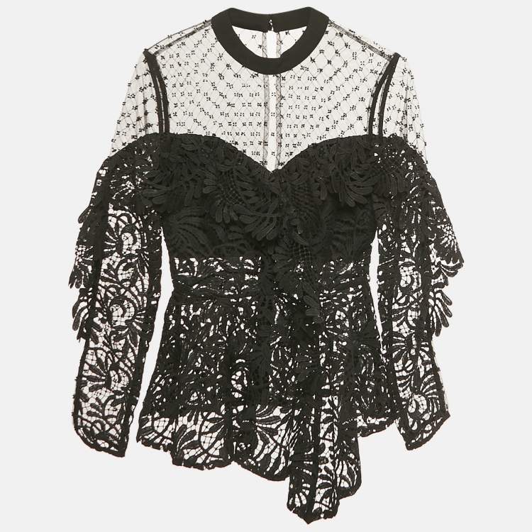 Pre Owned Self-Portrait Black Beaded Tulle and Lace Top XS