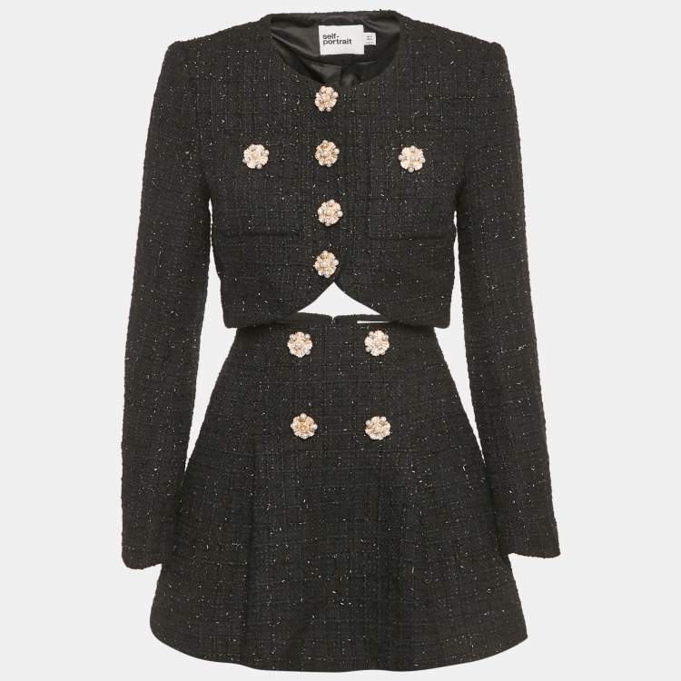 Pre Owned Self-Portrait Black Lurex Tweed Cropped Jacket & Mini Skirt Set S