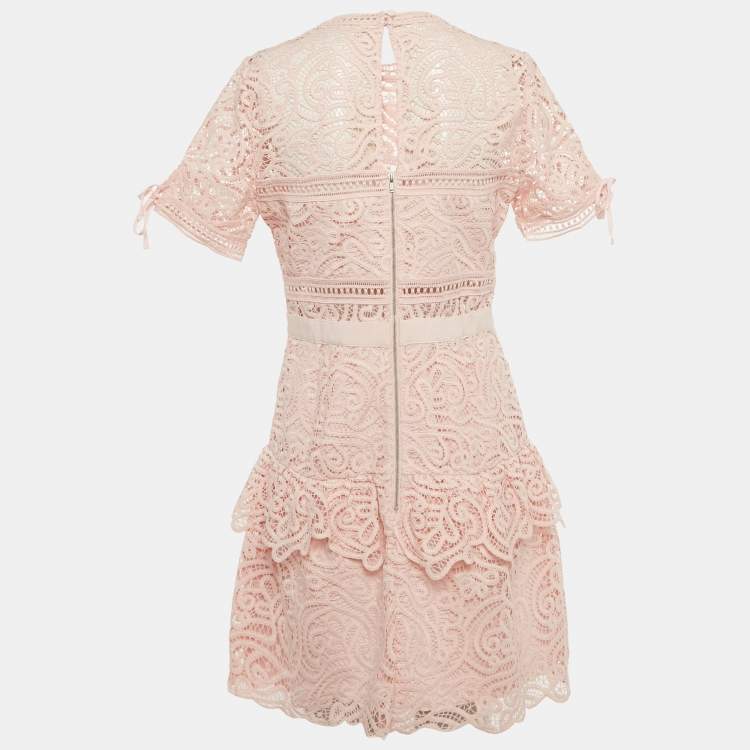 Pre Owned Self-Portrait Pink Guipure Lace Mini Dress M