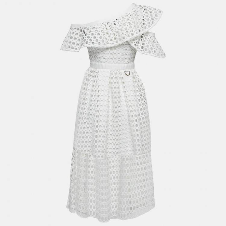 Pre Owned فستان سيلف بورتريه ميدي كتف واحد دانتيل جيبوري أبيض مقاس صغير