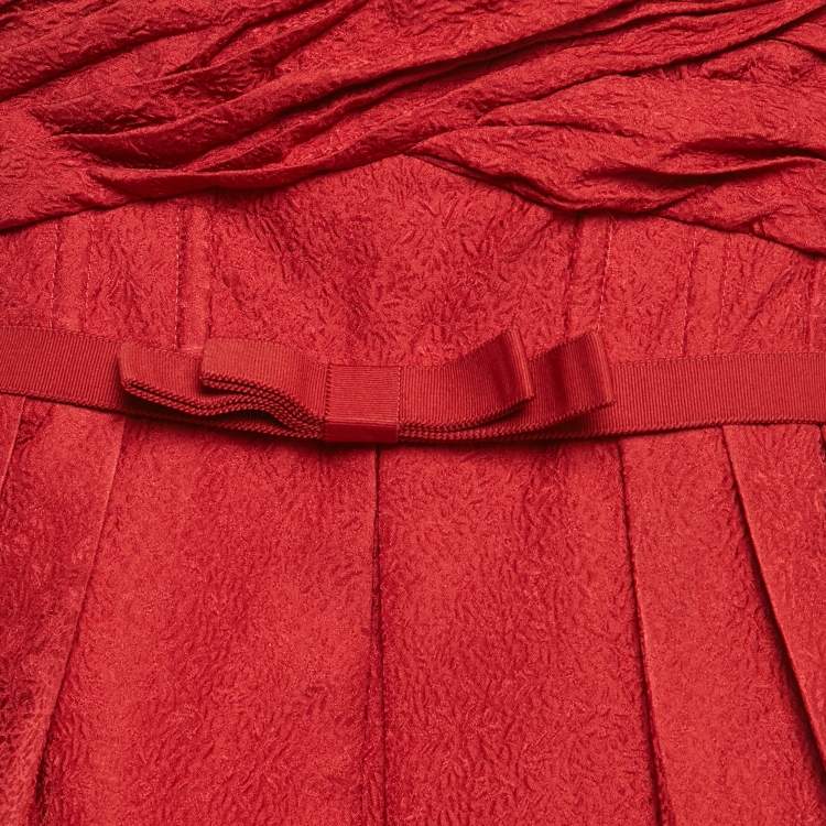 Pre Owned فستان ميدي سيلف بورتريه جكار أحمر مزركش بدون أكتاف مقاس صغير