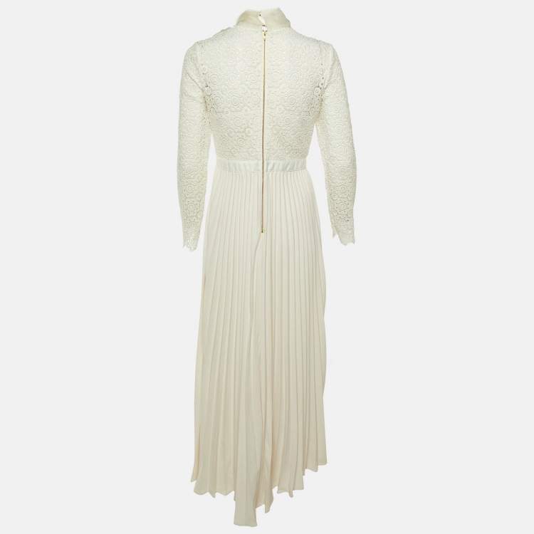 Pre Owned Self-Portrait Ivory Lace & Plisse Neck Tie Detail Wedding Gown M