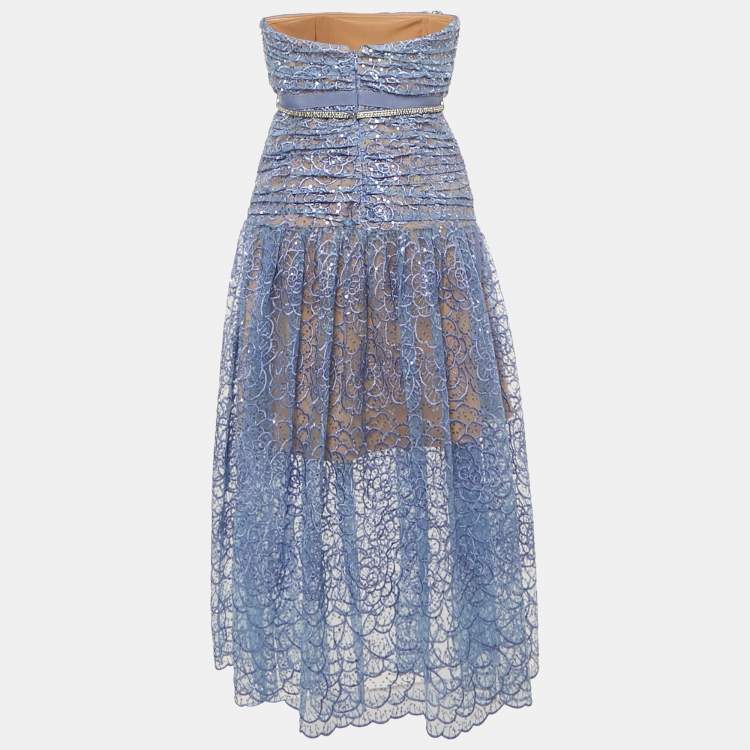 Pre Owned فستان ميدي سيلف بورتريه مطرز بالترتر أزرق بحمالات بدون أكمام مقاس صغير - سمول