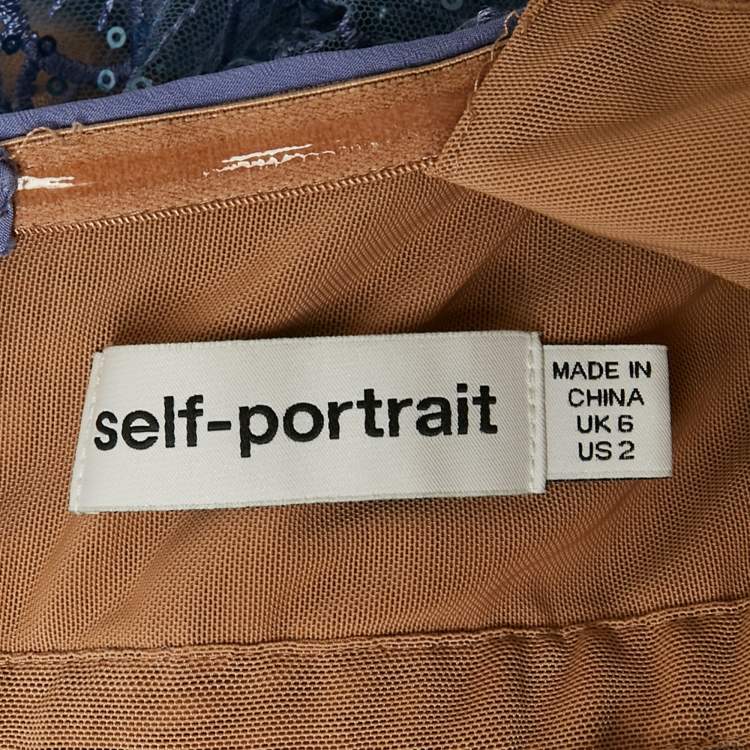 Pre Owned فستان ميدي سيلف بورتريه مطرز بالترتر أزرق بحمالات بدون أكمام مقاس صغير - سمول