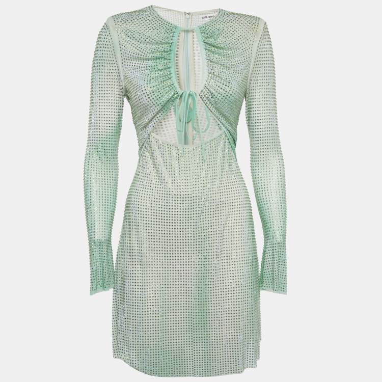 Pre Owned Self-Portrait Green Ombre Crystal embellished Mesh Mini Dress M