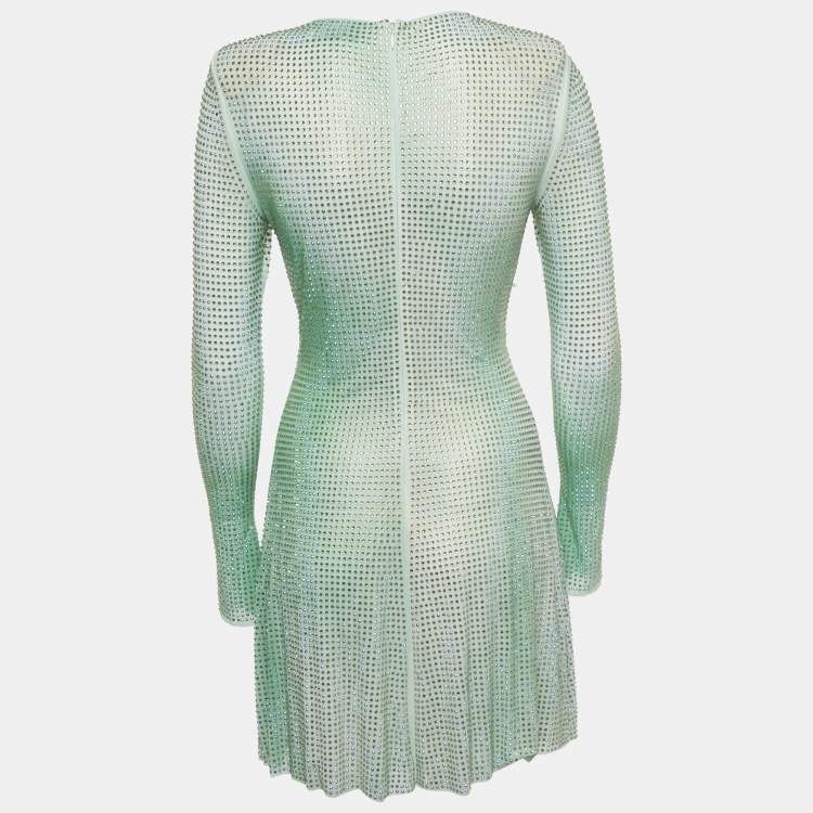 Pre Owned Self-Portrait Green Ombre Crystal embellished Mesh Mini Dress M
