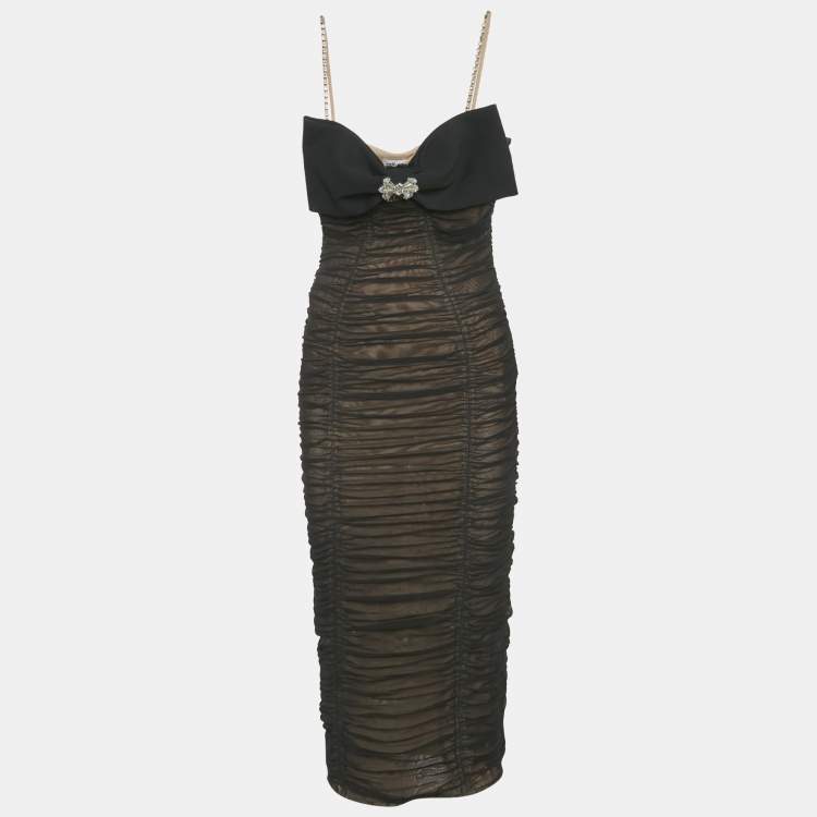 Pre Owned فستان سيلف - بورتريه ميدي سترابي أسود باور شبكة مقاس متوسط - ميديوم