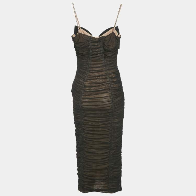 Pre Owned فستان سيلف - بورتريه ميدي سترابي أسود باور شبكة مقاس متوسط - ميديوم