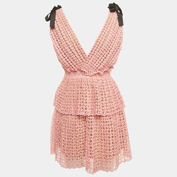 Pre Owned Self-Portrait Light Orange Guipure Lace Bow-Detail Tiered Dress S