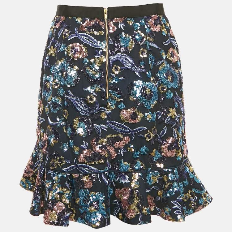 Pre Owned Self-Portrait Blue Floral Sequin & Mesh Mini Skirt M
