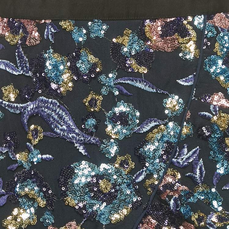 Pre Owned Self-Portrait Blue Floral Sequin & Mesh Mini Skirt M