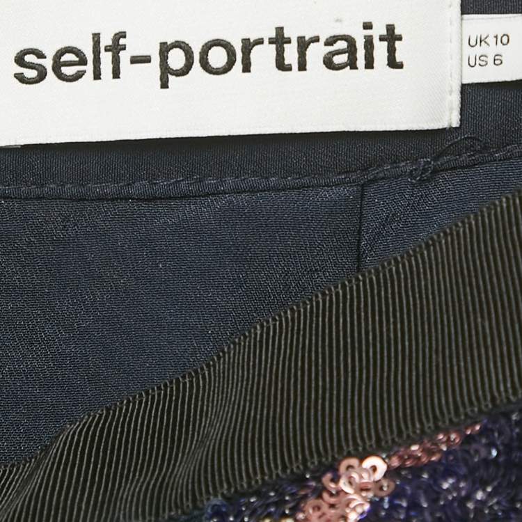 Pre Owned Self-Portrait Blue Floral Sequin & Mesh Mini Skirt M