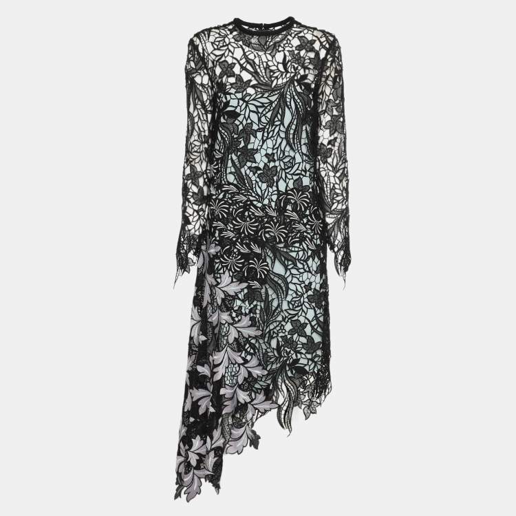 Pre Owned Self-Portrait Black Asymmetric Hem Vine Lace Midi Dress M