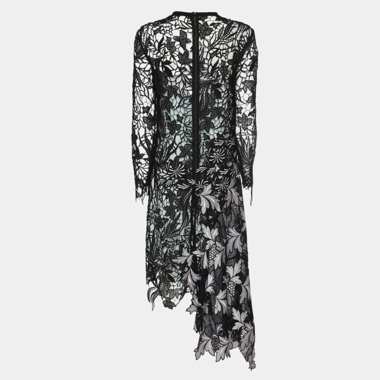 Pre Owned Self-Portrait Black Asymmetric Hem Vine Lace Midi Dress M