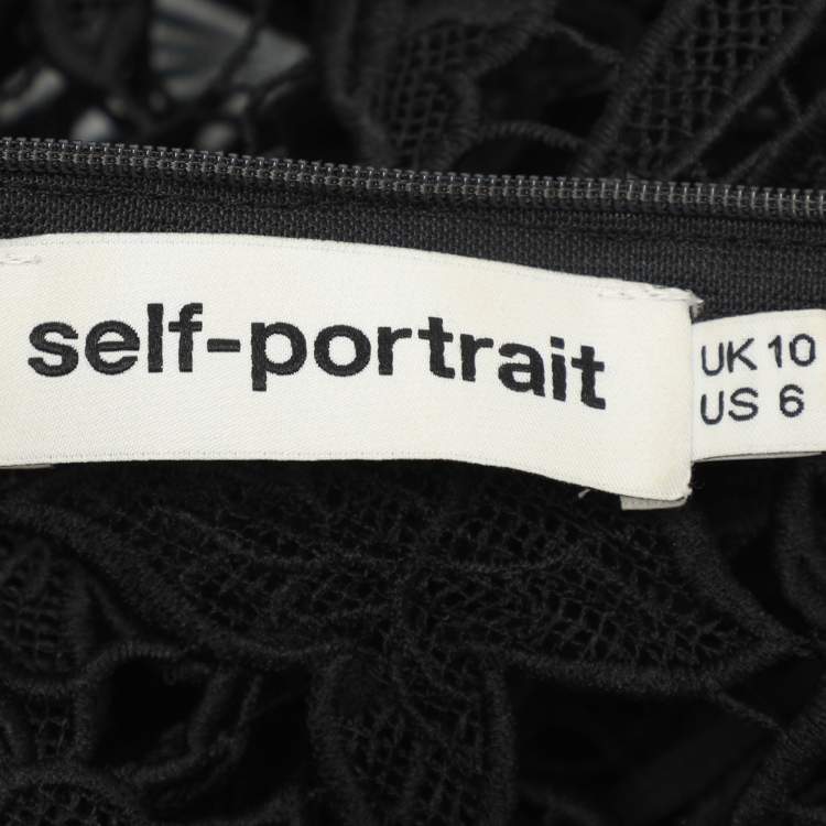 Pre Owned Self-Portrait Black Asymmetric Hem Vine Lace Midi Dress M