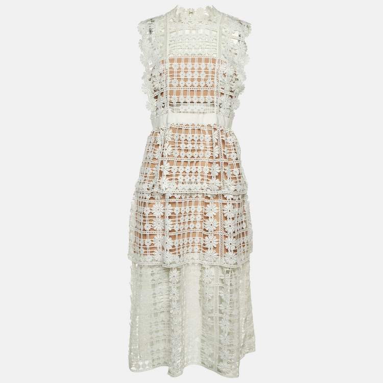 Pre Owned Self-Portrait White Floral Lattice Lace Sleeveless Midi Dress M