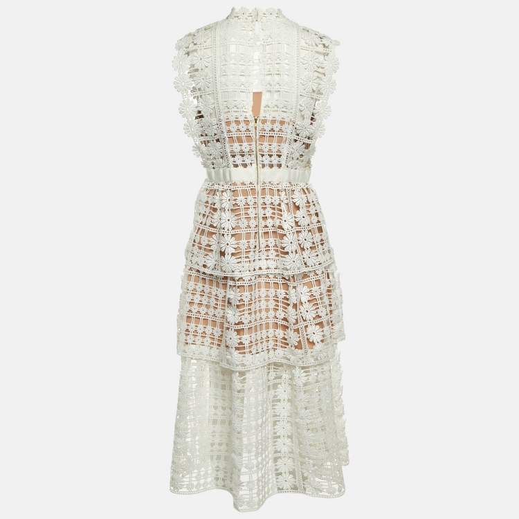 Pre Owned Self-Portrait White Floral Lattice Lace Sleeveless Midi Dress M