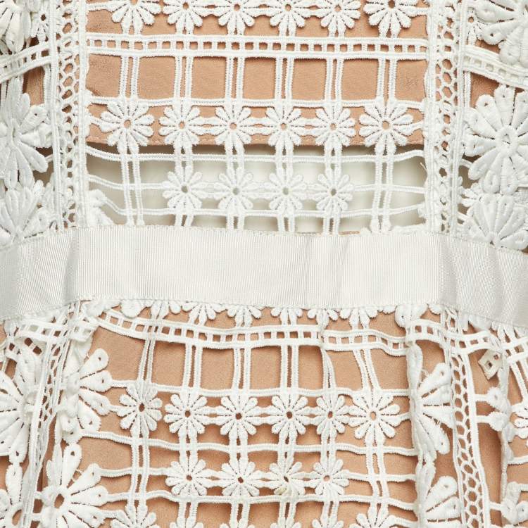 Pre Owned Self-Portrait White Floral Lattice Lace Sleeveless Midi Dress M