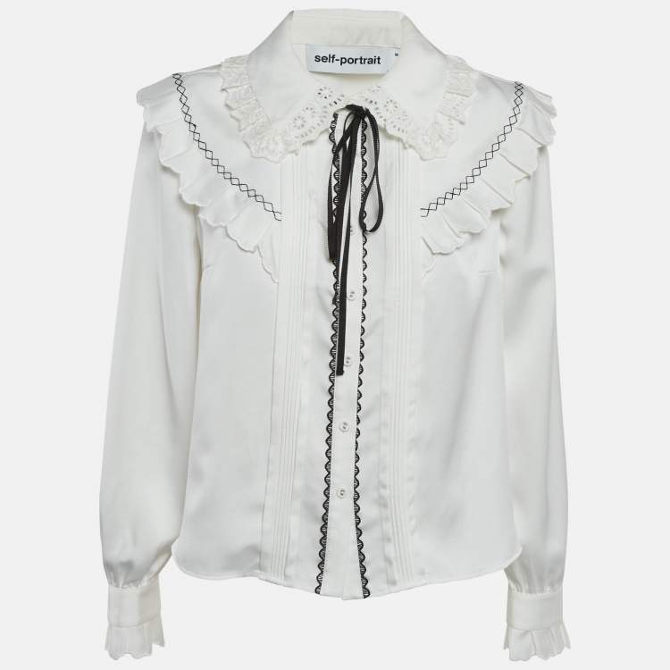 Pre Owned Self-Portrait White Twill Frill Yoke Shirt M
