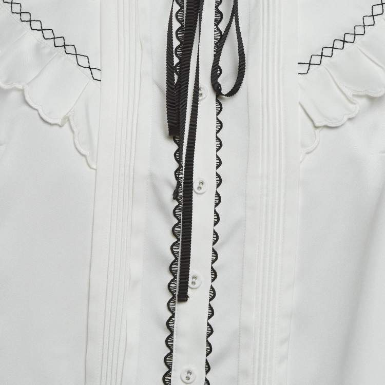 Pre Owned Self-Portrait White Twill Frill Yoke Shirt M