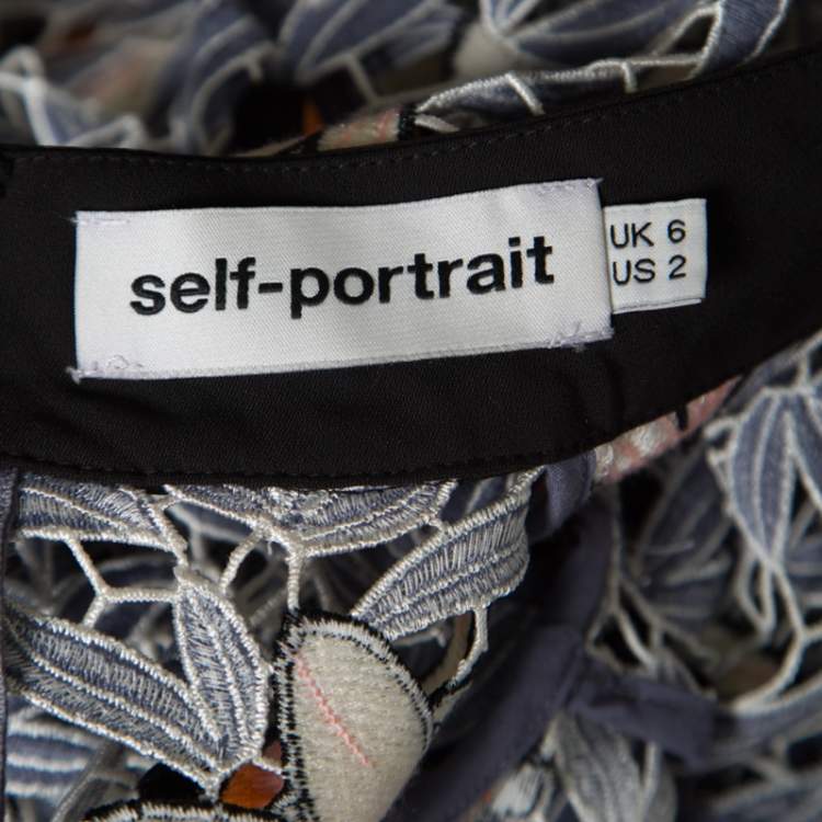Pre Owned Self Portrait Dove Grey Floral Embroidered Cutout Guipure Lace Cropped Peony Blouse S