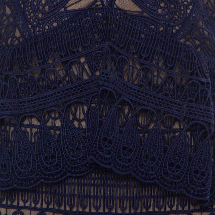 Pre Owned Self Portrait Blue Teardrop Guipure Paneled Lace Maxi Dress S