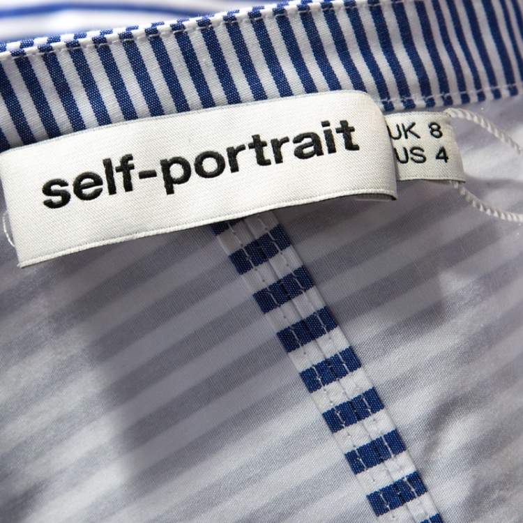 Pre Owned Self Portrait Blue and White Striped Ruffle Detail Off Shoulder Asymmetric Shirt S