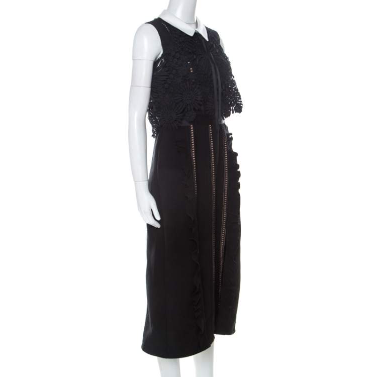 Pre Owned Self Portrait Black Lace Paneled Peter-pan Collar Midi Dress M