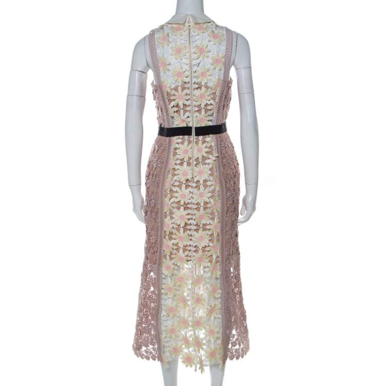 Pre Owned Self Portrait Pink-Beige & Yellow Floral Guipuire Lace Peter-Pan Collar Midi Dress M
