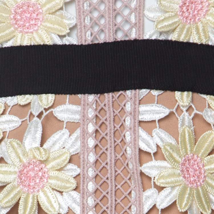 Pre Owned Self Portrait Pink-Beige & Yellow Floral Guipuire Lace Peter-Pan Collar Midi Dress M