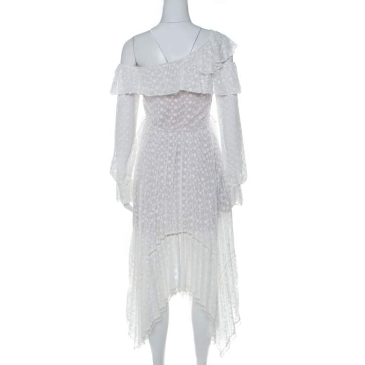 Pre Owned Self-Portrait White Embroidered Voille Front Button One Shoulder Asymmetric Dress S