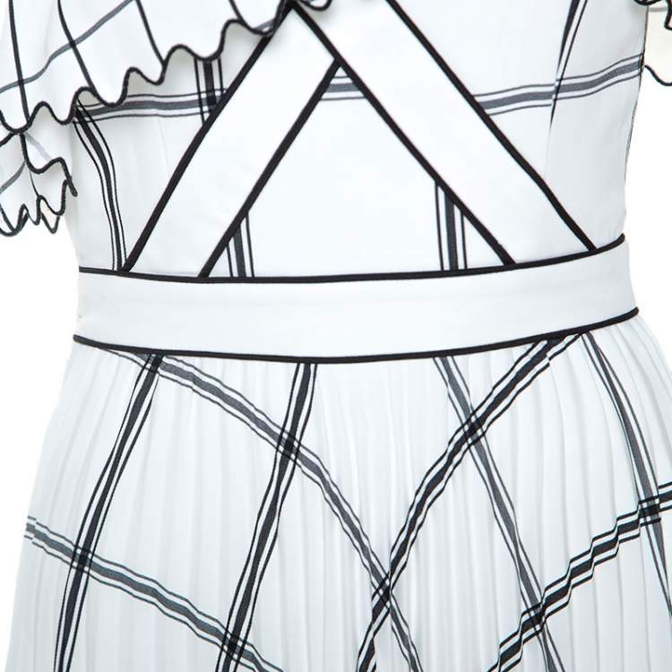 Pre Owned Self Portrait White Checked Crepe One Shoulder Pleated Dress XS