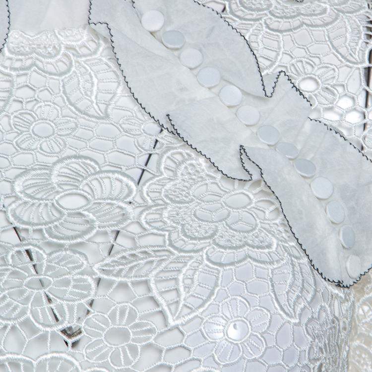 Pre Owned Self Portrait White Cutout Ruffle Detail Guipure Lace Top S