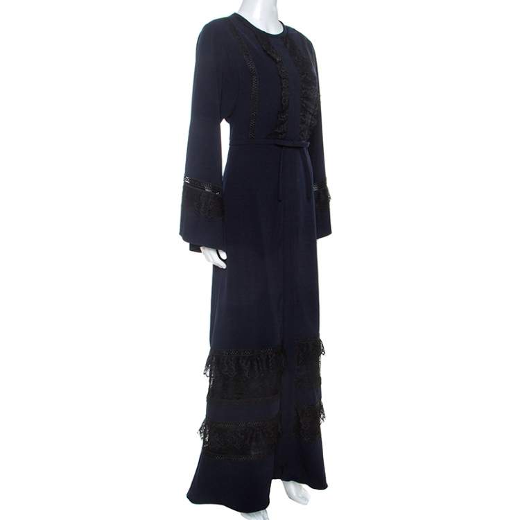 مملوكة مسبقًا Self Portrait Navy Blue Crepe Lace Trimmed Maxi Dress M