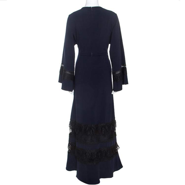 مملوكة مسبقًا Self Portrait Navy Blue Crepe Lace Trimmed Maxi Dress M