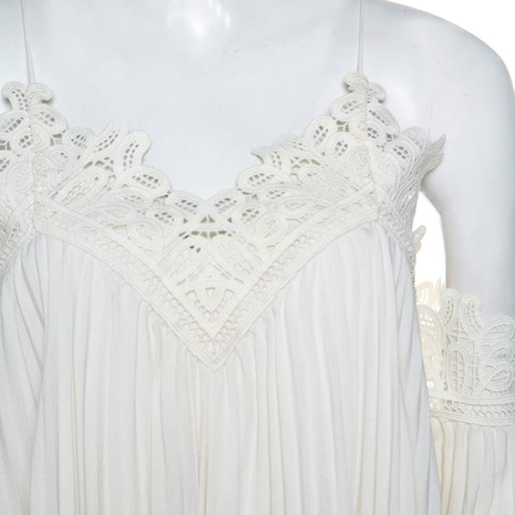 Pre Owned Self Portrait White Crepe Pleated Lace Trimmed Off Shoulder Dress L