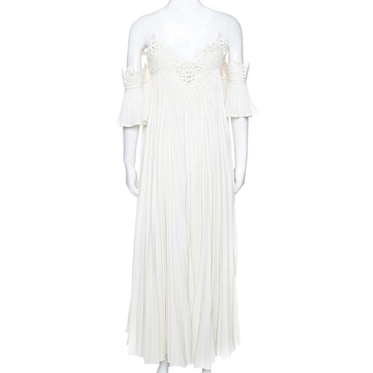 Pre Owned Self Portrait White Crepe Pleated Lace Trimmed Off Shoulder Dress L