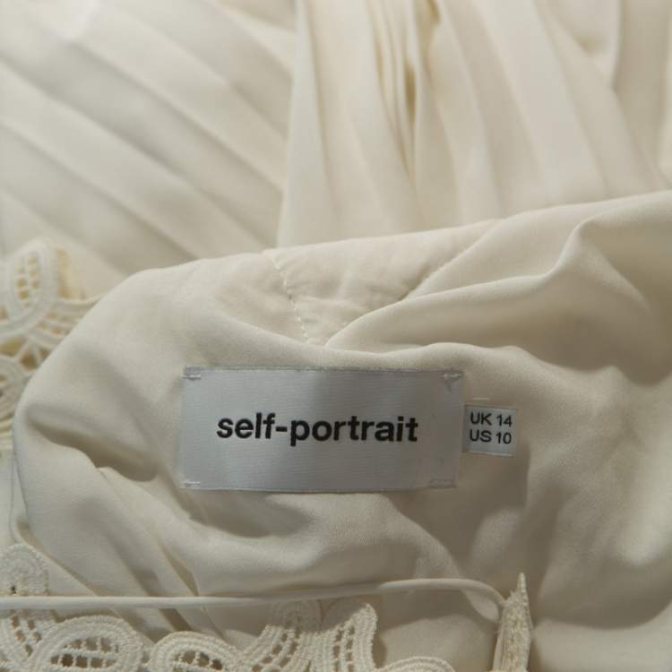 Pre Owned Self Portrait White Crepe Pleated Lace Trimmed Off Shoulder Dress L