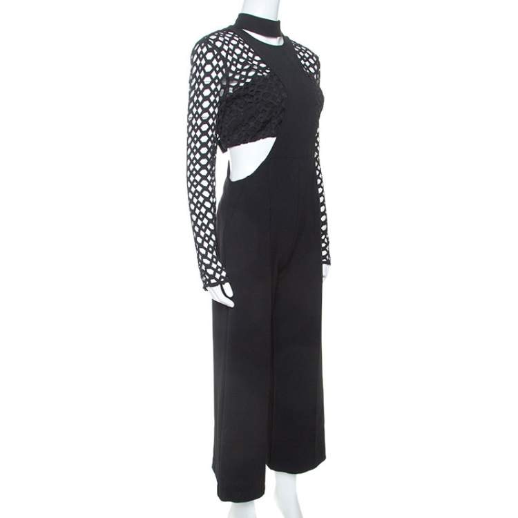Pre Owned Self Portrait Black Lace Insert Cropped Bodice Jumpsuit M