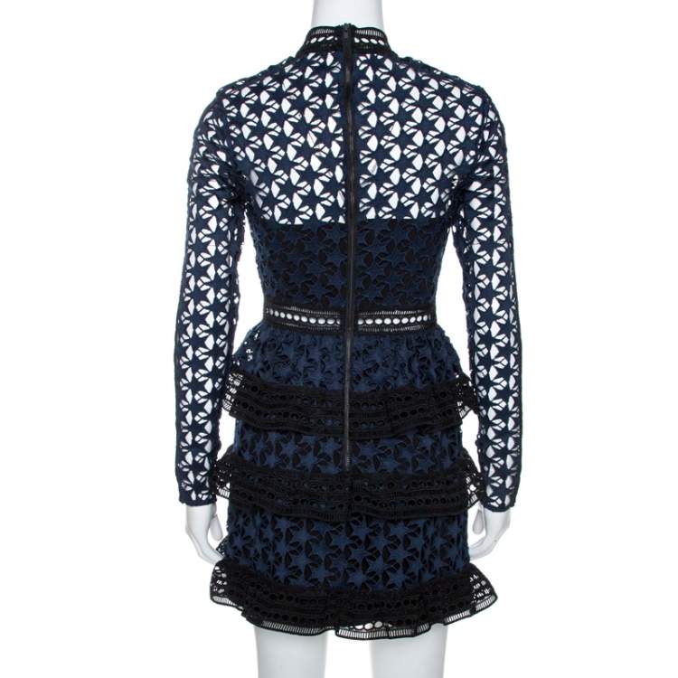 Pre Owned Self Portrait Navy Blue & Black Star Pattern Lace High Neck Tiered Dress S