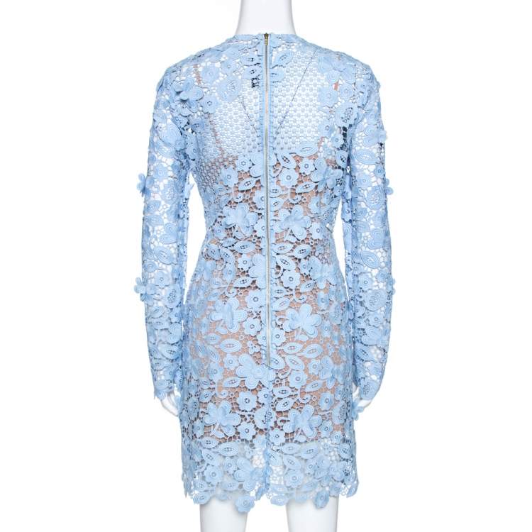Pre Owned Self Portrait Pale Blue Floral Guipure Lace Long Sleeve Dress M