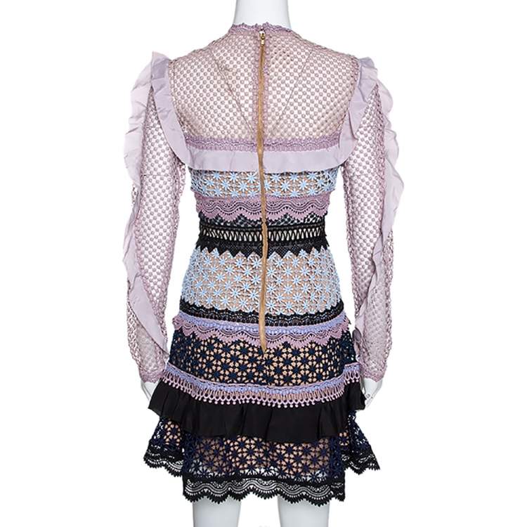 Pre Owned Self Portrait Multicolor Lace Panelled Ruffle Trim Bellis Mini Dress M