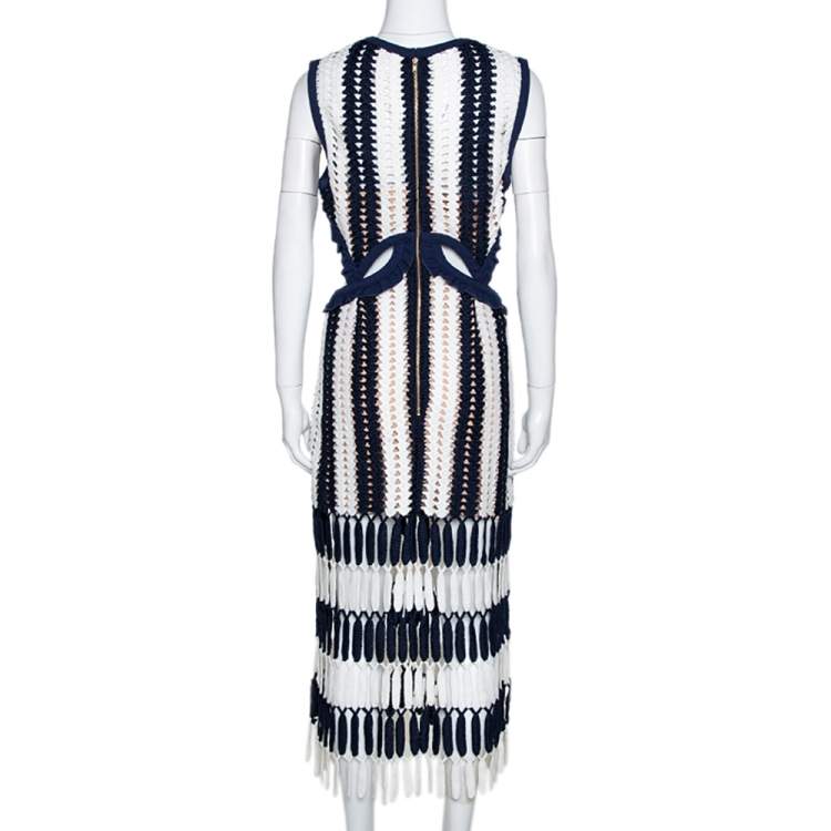 Pre Owned Self Portrait Navy Blue & White Crochet Knit Midi Dress L