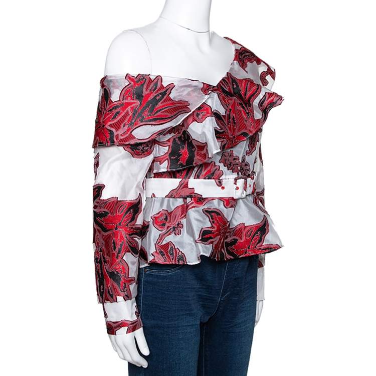 Pre Owned Self-Portrait Red & White Floral Fil Coupe One Shoulder Blouse S