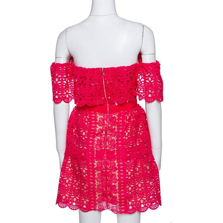 Pre Owned Self Portrait Fuschia Pink Guipure Lace Off Shoulder Mini Dress M
