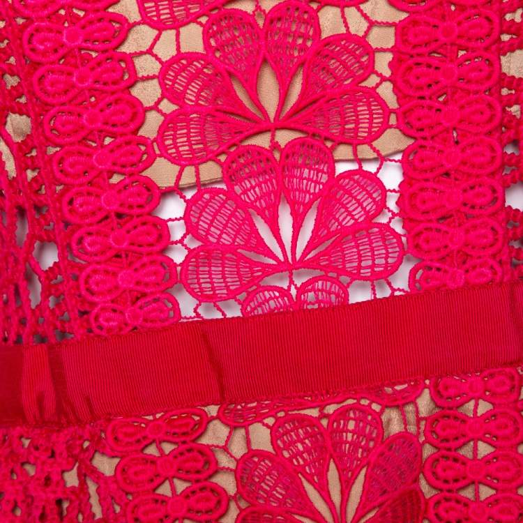 Pre Owned Self Portrait Fuschia Pink Guipure Lace Off Shoulder Mini Dress M