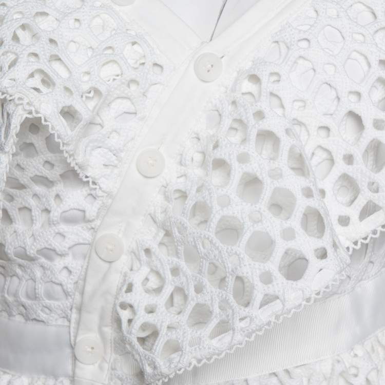 Pre Owned Self Portrait White Crochet Lace One Shoulder Ruffled Midi Dress S